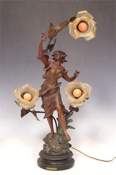 Appraisal: GEORGE MAXIM NOUVEAU FIGURAL MAIDEN SPELTER LAMP ''h x ''