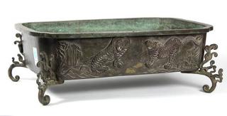 Appraisal: Japanese Large Bronze Suiban for Ikebana Japanese bronze rectangular suiban