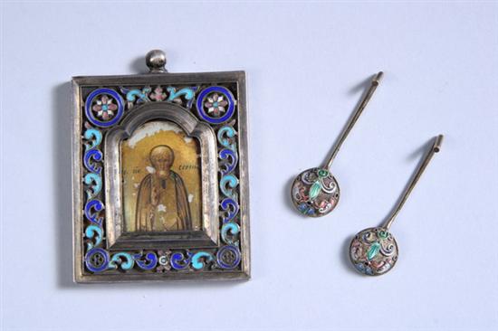 Appraisal: MINIATURE RUSSIAN SILVER AND ENAMELLED PENDANT ICON OF SAINT SERGEI