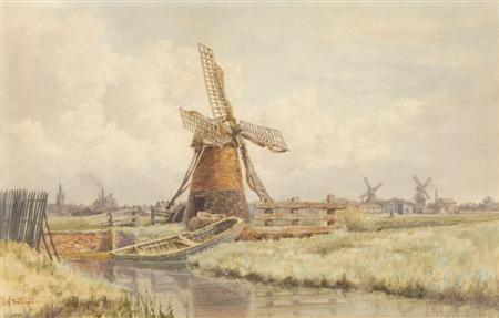 Appraisal: STEPHEN JOHN BATCHELDER - WINDMILLS WITH TOWN BEYOND Signed watercolour