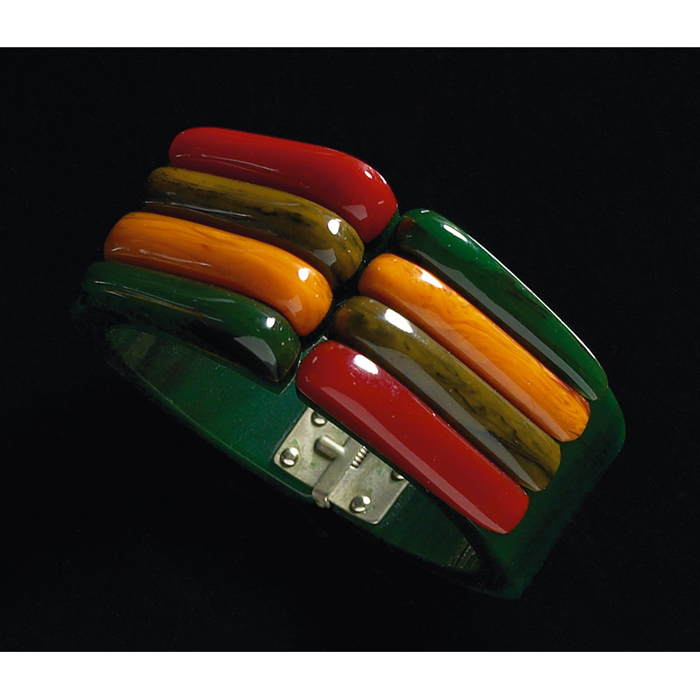 Appraisal: Bakelite Philadelphia bracelet dark green hinged body with laminated fins