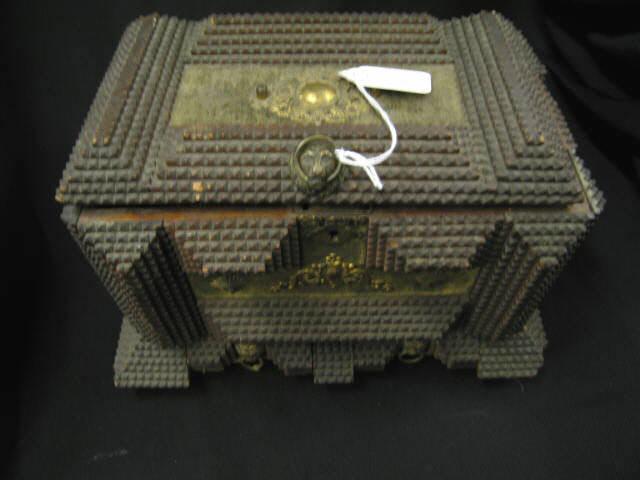 Appraisal: Tramp Art Victorian Jewelry Box velvet brass trim hinged top