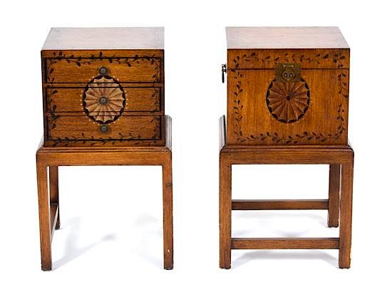 Appraisal: Two Continental Painted Burlwood Bedside Cabinets Height inches Two Continental