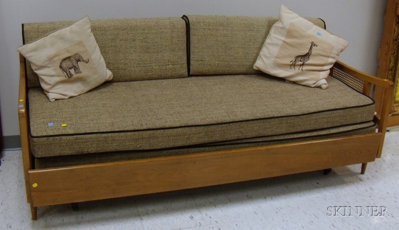 Appraisal: Mid-century Modern Caned Wood Trundle Sofa Bed with Cushions