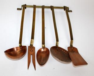 Appraisal: French Country copper and brass kitchen utensils French Country copper