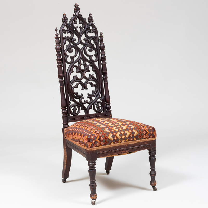 Appraisal: Gothic Revival Carved Walnut Side Chair With original needlepoint x