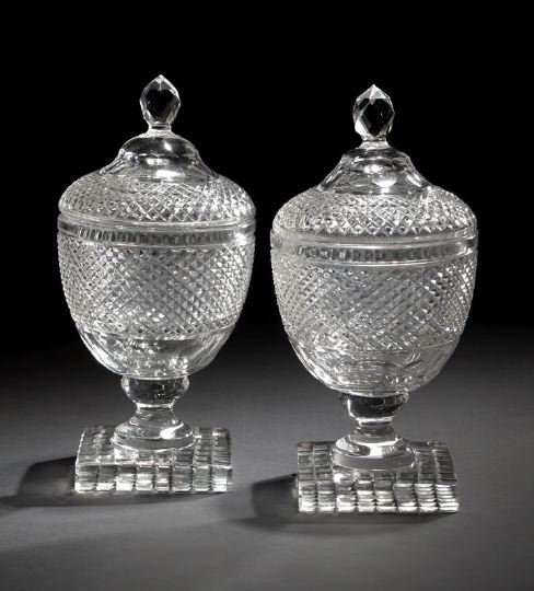 Appraisal: Pair of Irish Cut Glass Urns and Covers th century