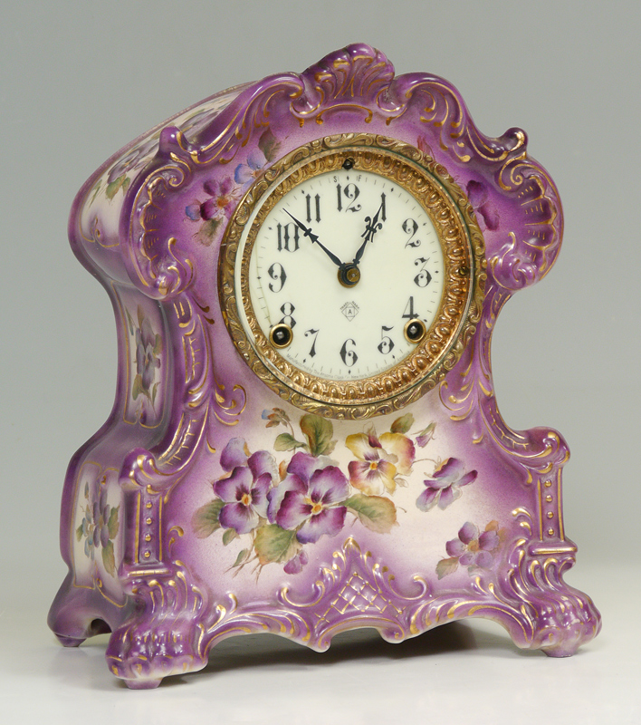 Appraisal: ANSONIA ROYAL BONN PORCELAIN CLOCK ''WICHITA'' Purple hued case with