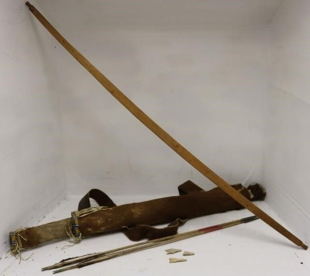 Appraisal: BLACKFOOT BOWCASE AND QUIVER STONEARROWHEADS WITH BOW AND ARROWS CA