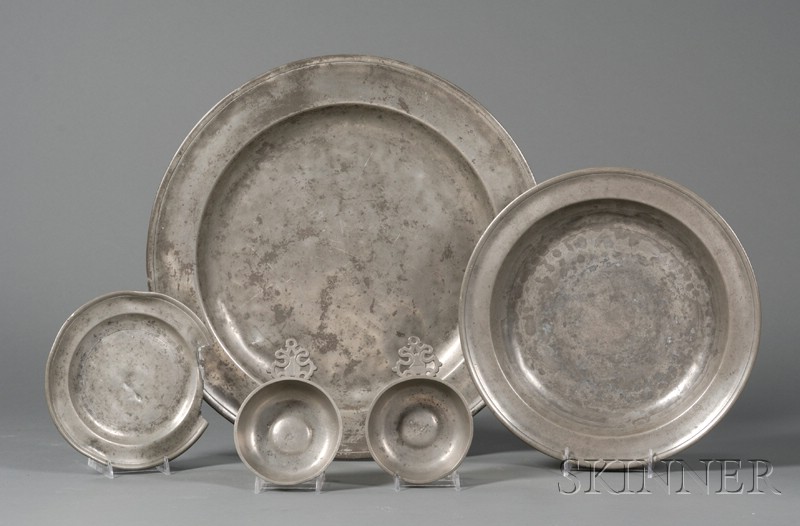 Appraisal: Five Pewter Items early th century a in dia charger