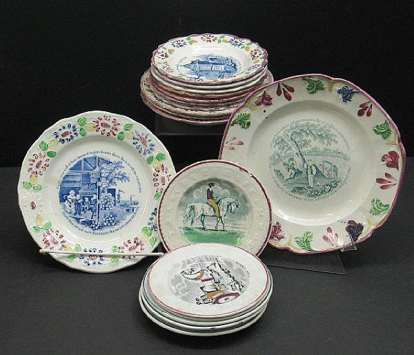 Appraisal: An assembled group of fifteen transfer-printed and hand-colored motto plates