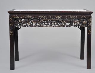 Appraisal: MOTHER-OF-PEARL INLAID HARDWOOD CENTER TABLE Chinese With inset marble top