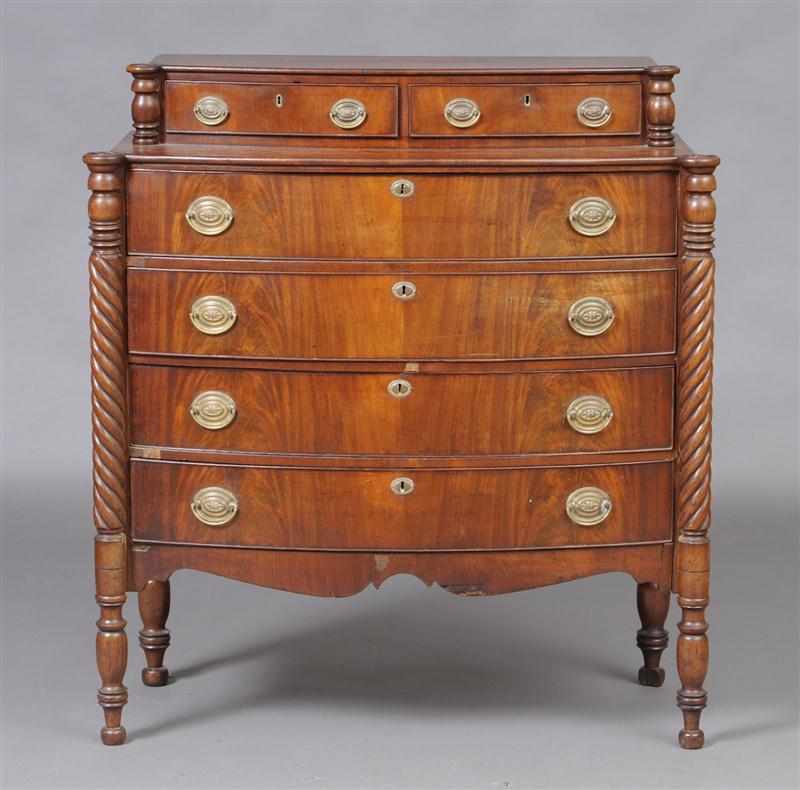 Appraisal: FEDERAL CARVED MAHOGANY BOW-FRONTED CHEST OF DRAWERS With two-drawer superstructure