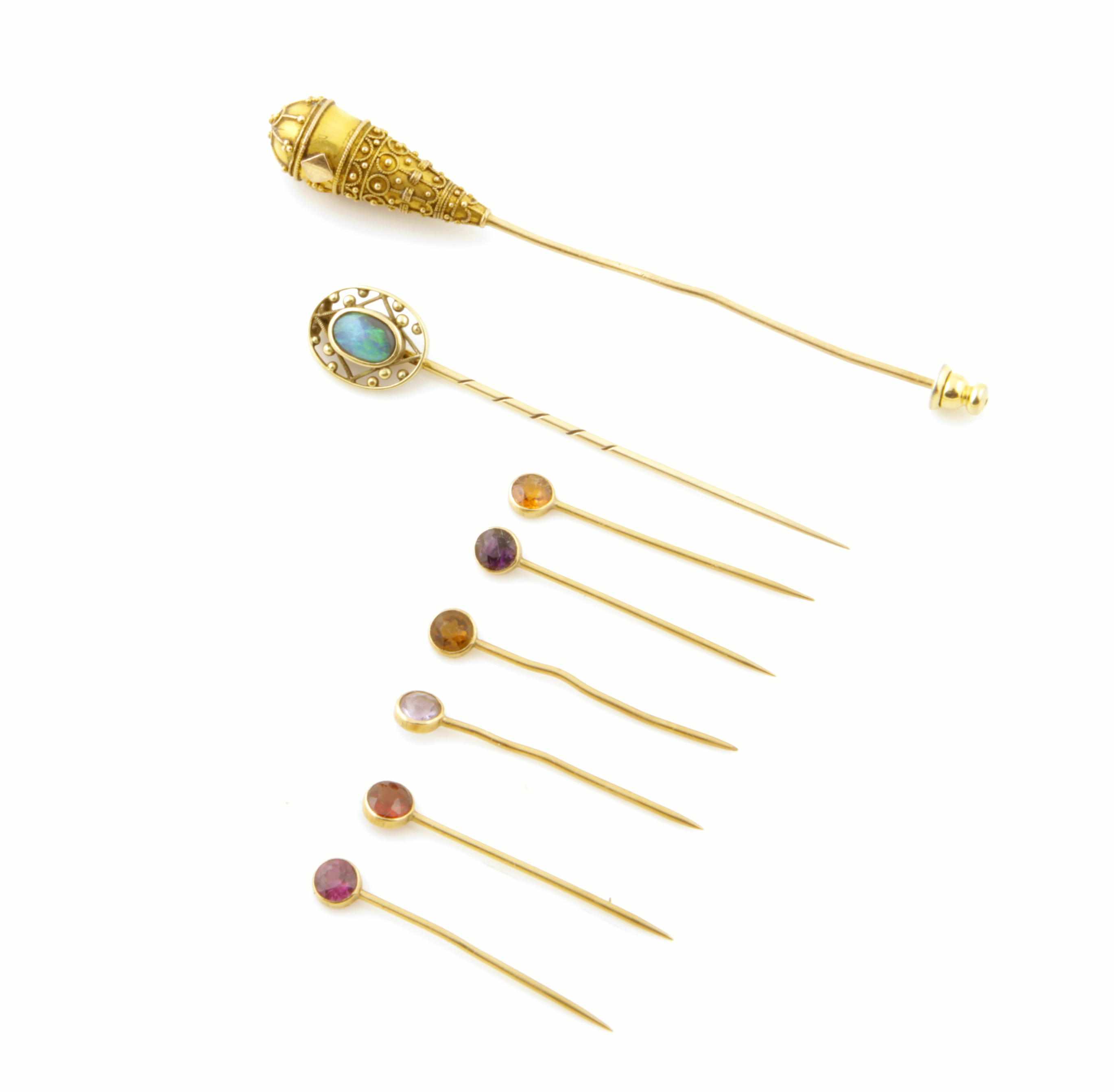 Appraisal: A collection of six gem-set and gold stick pins Marcus