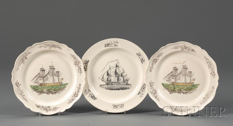 Appraisal: Three Creamware Ship Decorated Plates England late th early th