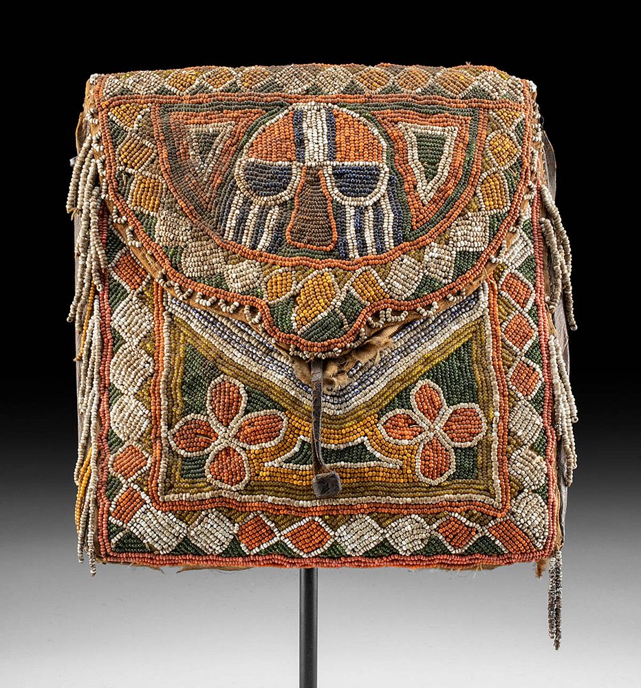 Appraisal: Early th C Yoruba Beaded Leather Burlap Bag West Africa