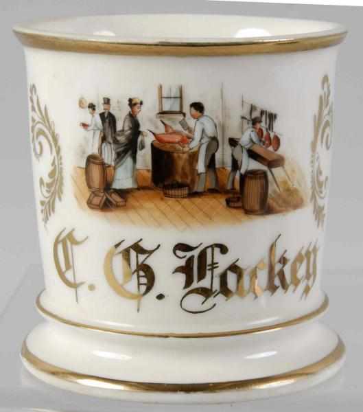 Appraisal: Butcher Shop Scene Shaving Mug Description Gilt name CG Lackey