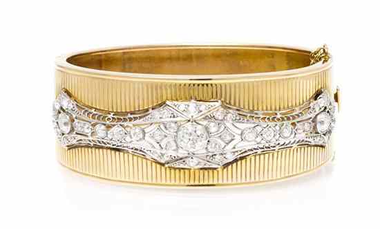 Appraisal: A Karat Yellow Gold Platinum and Diamond Bangle Bracelet consisting