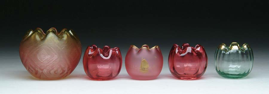 Appraisal: FIVE ROSE BOWLS Lot consists of two miniature cranberry rose