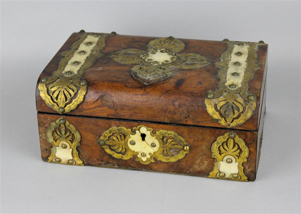 Appraisal: BRASS AND BONE-MOUNTED BURRWOOD BOX late th early th C