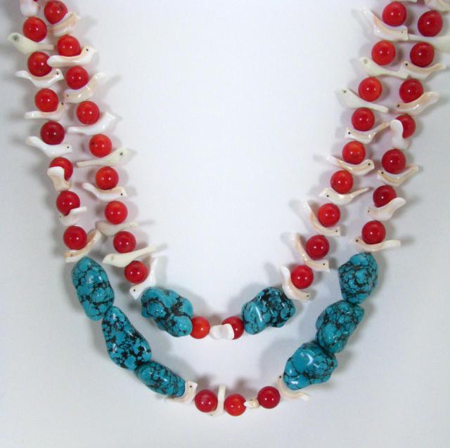 Appraisal: Turquoise and Coral Double Strand Fetish Necklace with carved shell