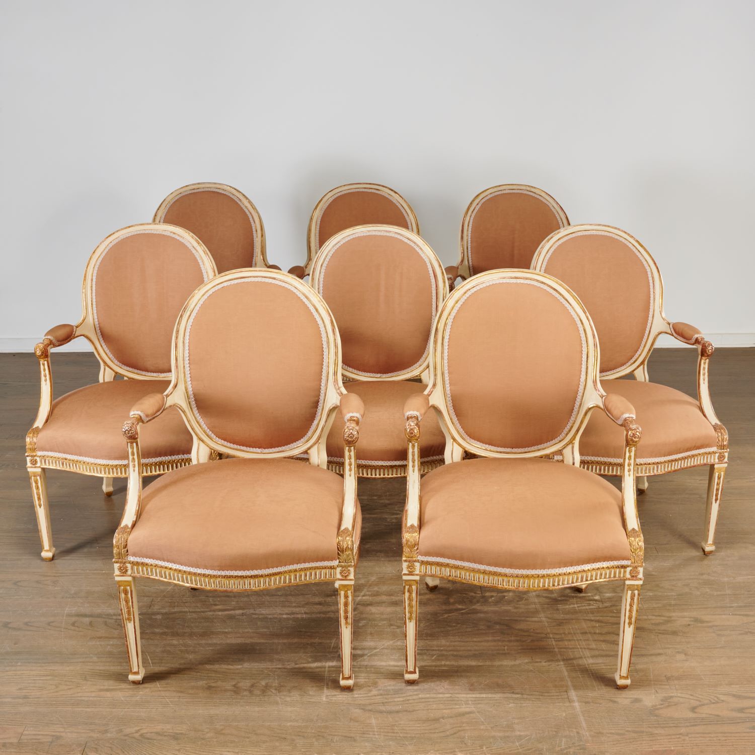 Appraisal: FINE SET GEORGE III STYLE PAINTED ARMCHAIRS th c cream