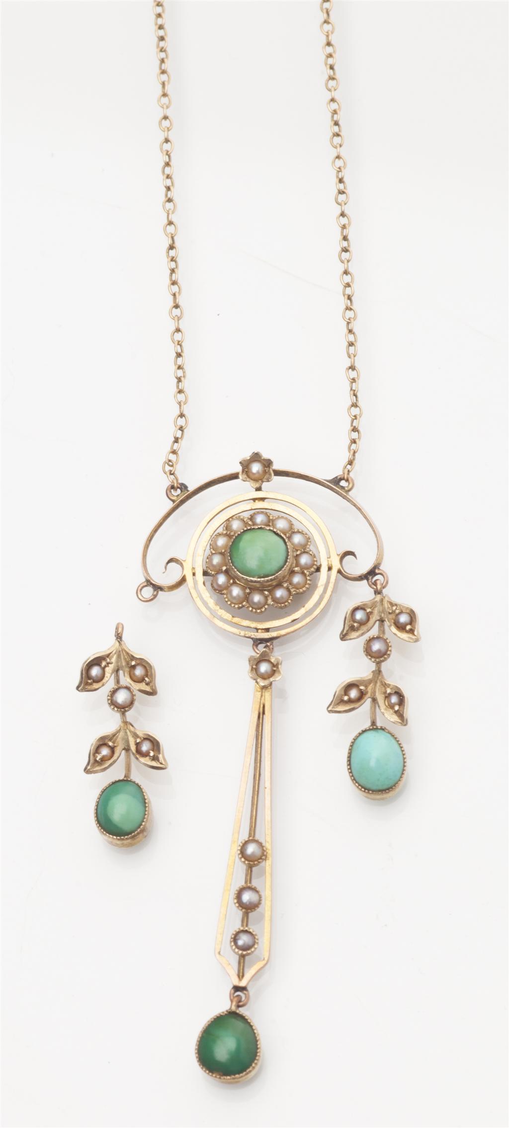 Appraisal: An early th century seed pearl and turquoise set necklace