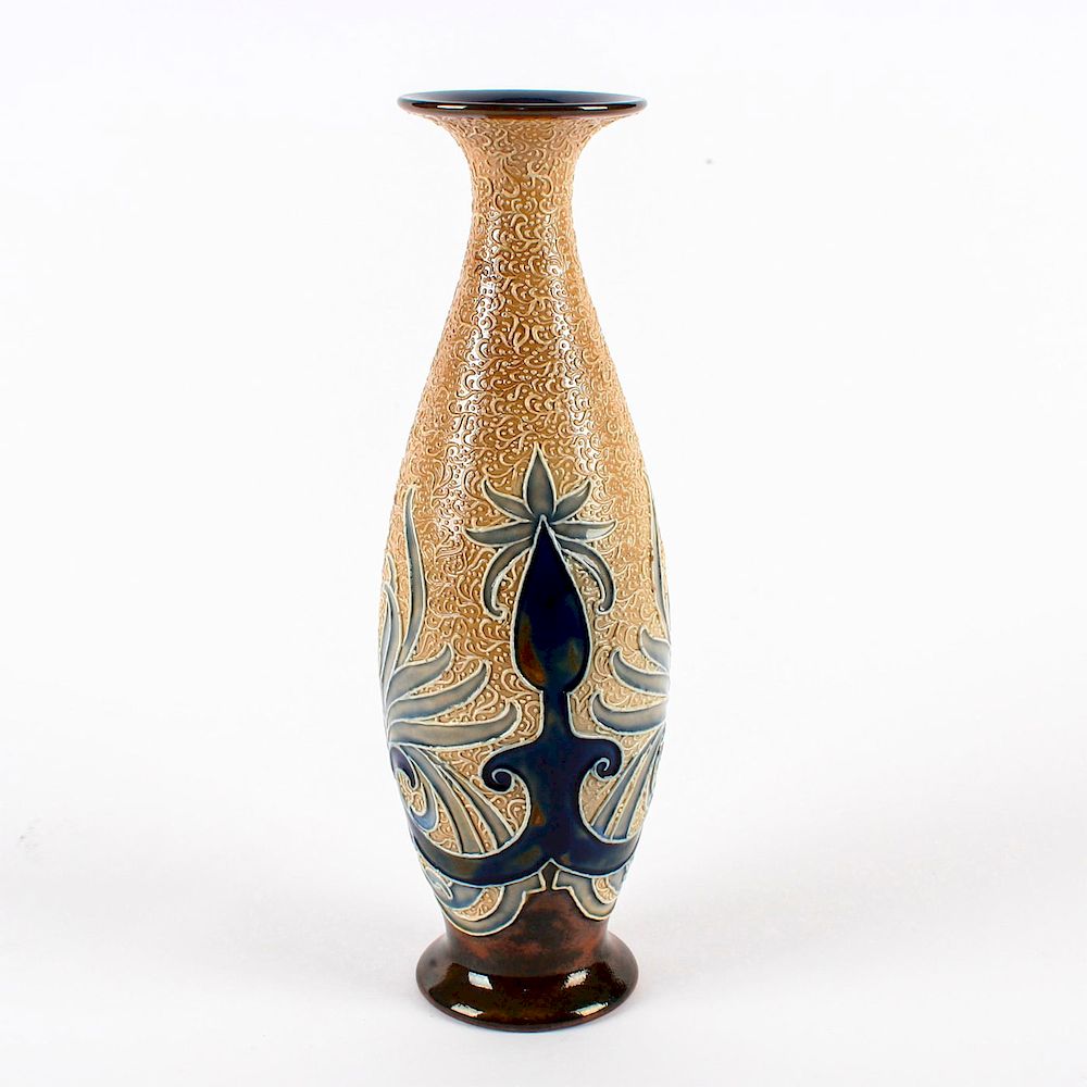 Appraisal: ROYAL DOUTON STONEWARE RAISED DECOR VASE Cobalt ocher and sprigged