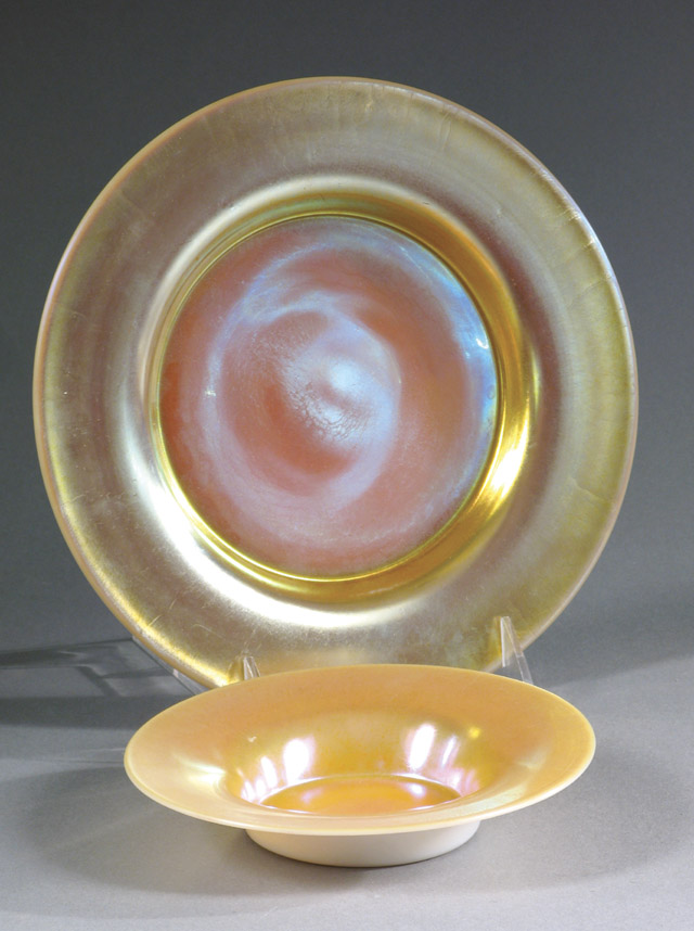 Appraisal: TWO STEUBEN GOLD IRIDESCENT CALCITE PLATES the first diameter with