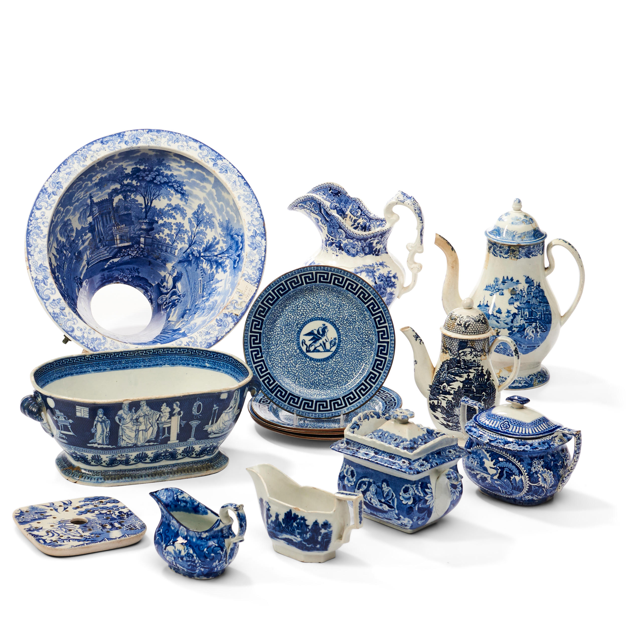 Appraisal: FOURTEEN STAFFORDSHIRE BLUE TRANSFER ITEMS including a toilet bowl a