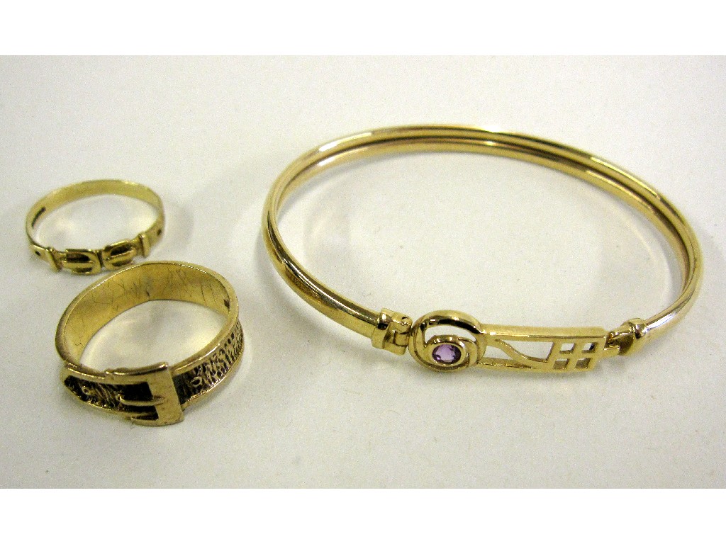 Appraisal: Nine carat gold amethyst set Glasgow style bangle and two