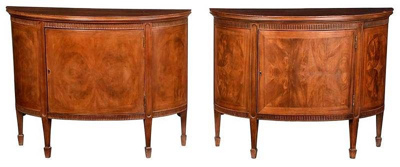 Appraisal: Pair Adam Style Mahogany Demilune Commodes British th century figured