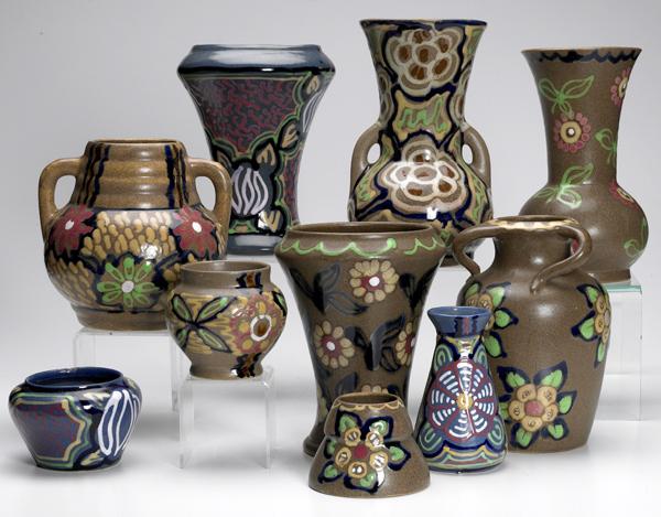 Appraisal: GERMAN Ten assorted enamel-decorated ceramic vessels in polychrome Most stamped