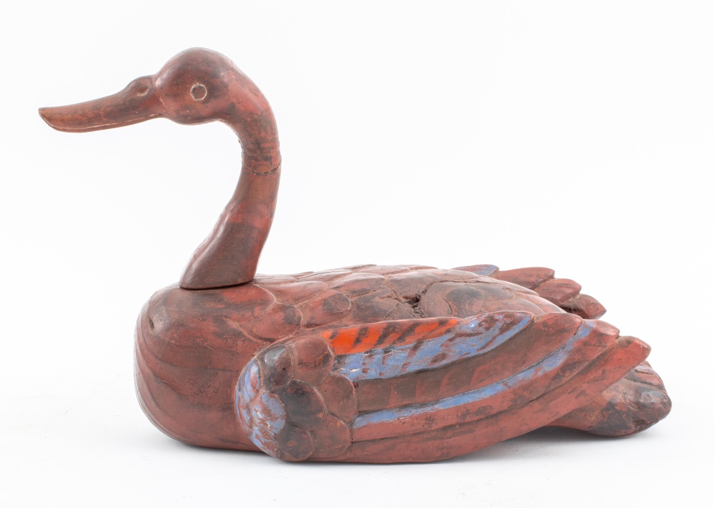 Appraisal: KOREAN POLYCHROME PAINTED WOOD WEDDING DUCK C Korean Joseon Dynasty