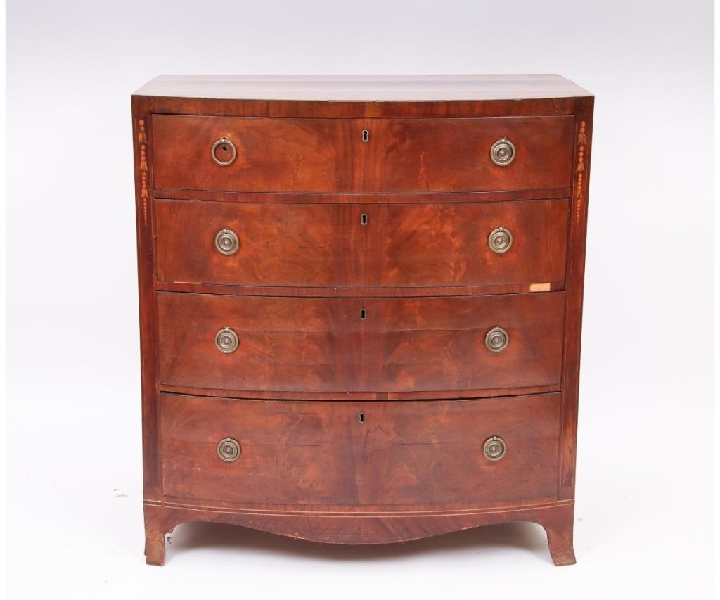 Appraisal: George III mahogany inlaid bow-front chest of drawers circa h