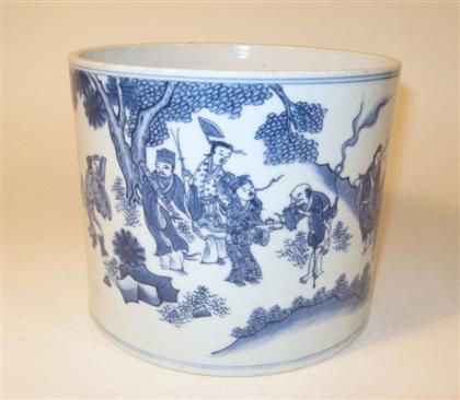 Appraisal: Chinese blue and white porcelain brush potLarge cylindrical pot decorated