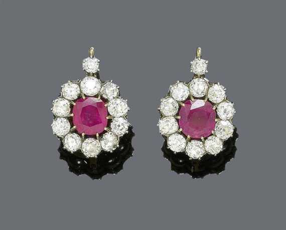 Appraisal: BURMA RUBY AND DIAMOND PENDANT EARRINGS Vienna ca Silver over