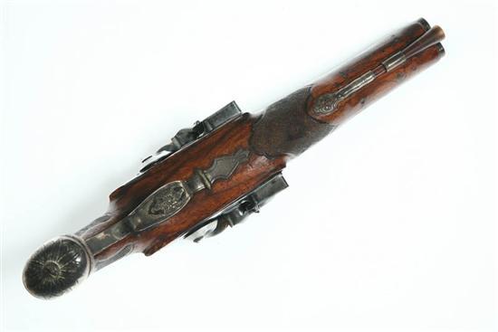 Appraisal: DOUBLE BARREL FLINTLOCK PISTOL European th century Barrels retain original