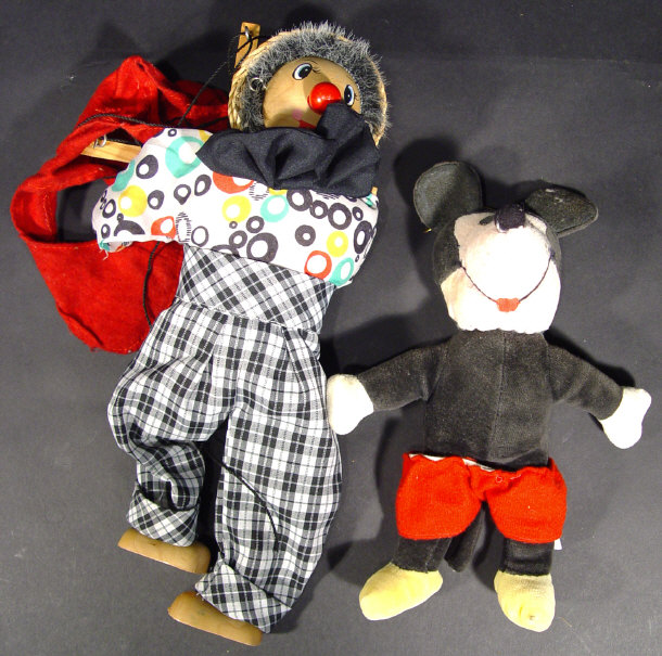 Appraisal: Pelham clown string puppet and a Mickey Mouse soft toy