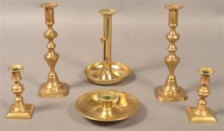 Appraisal: Grouping of Six Antique Brass Candlesticks Including two matching pairs