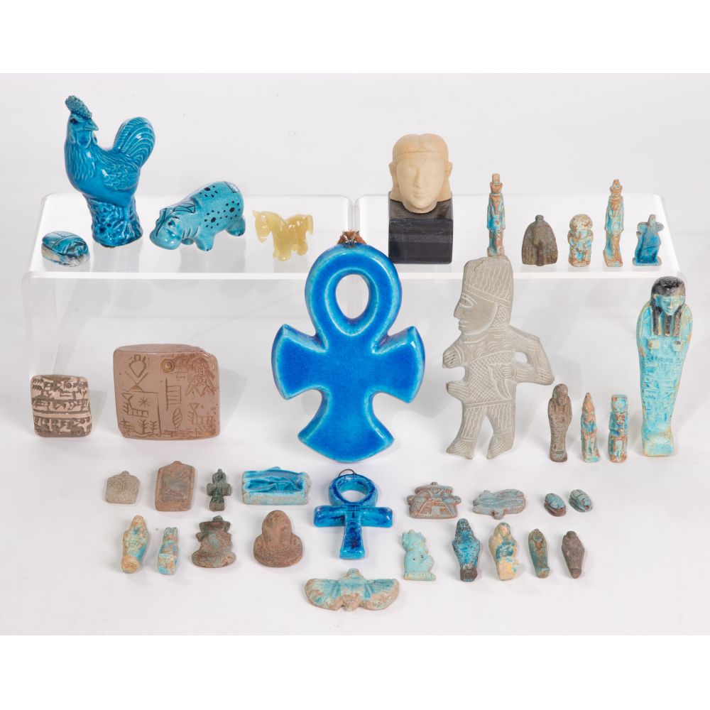 Appraisal: ANCIENT EGYPTIAN STYLE AMULET COLLECTION items mostly blue faience including