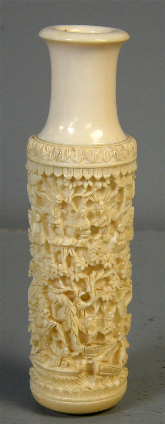 Appraisal: Chinese carved ivory cylindrical vase profusely carved with figures in