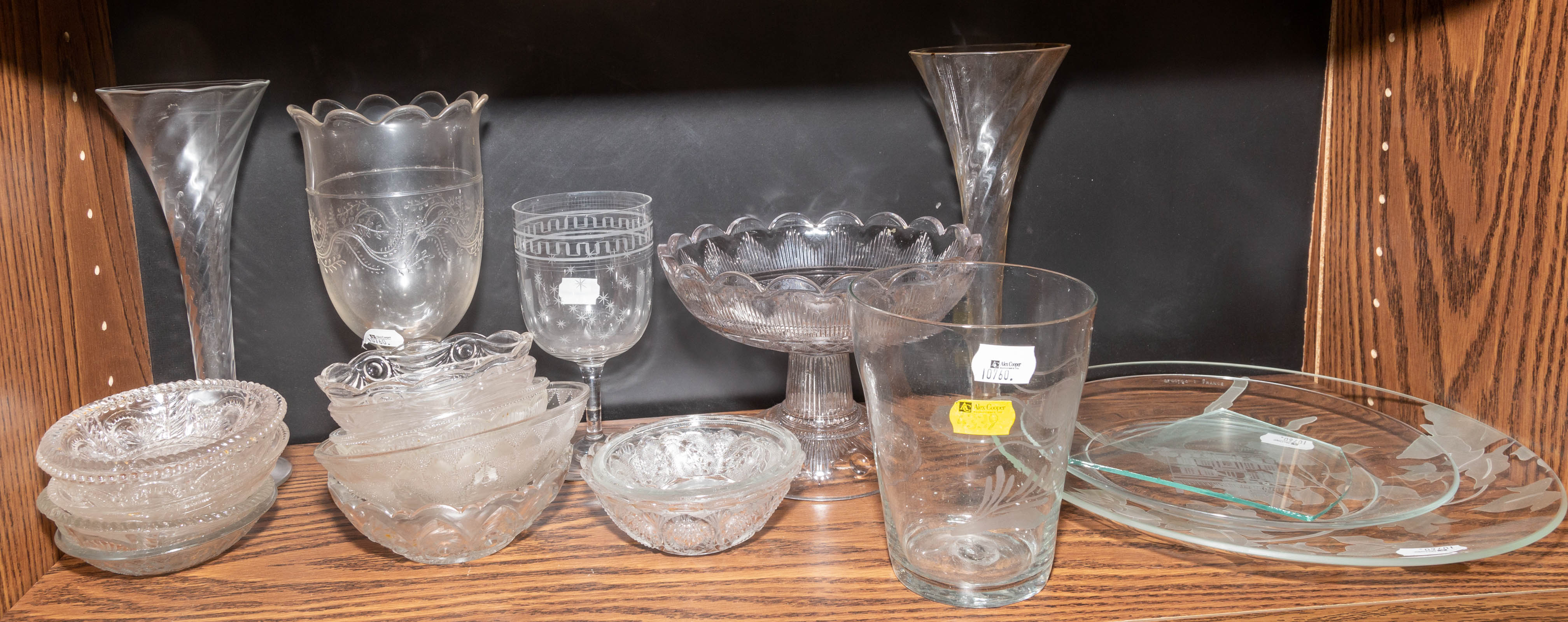 Appraisal: ETCHED COLORLESS FLIP GLASS OTHER GLASSWARE Including a blown glass