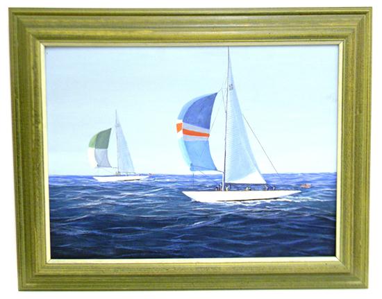 Appraisal: th C oil on masonite depicting two sleek white-hulled sailing