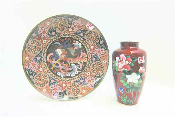 Appraisal: JAPANESE ''PIGEON BLOOD'' RED CLOISONNE ENAMEL VASE AND CHINESE CLOISONNE