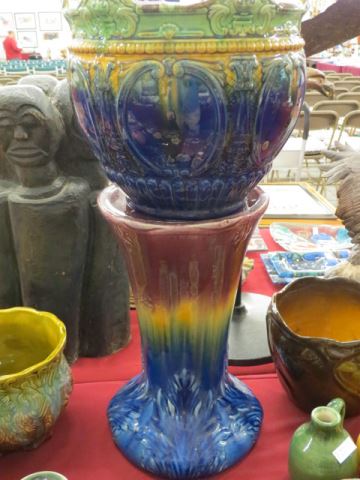 Appraisal: Art Pottery Jardiniere and Pedestal majolica style colorful slip glaze