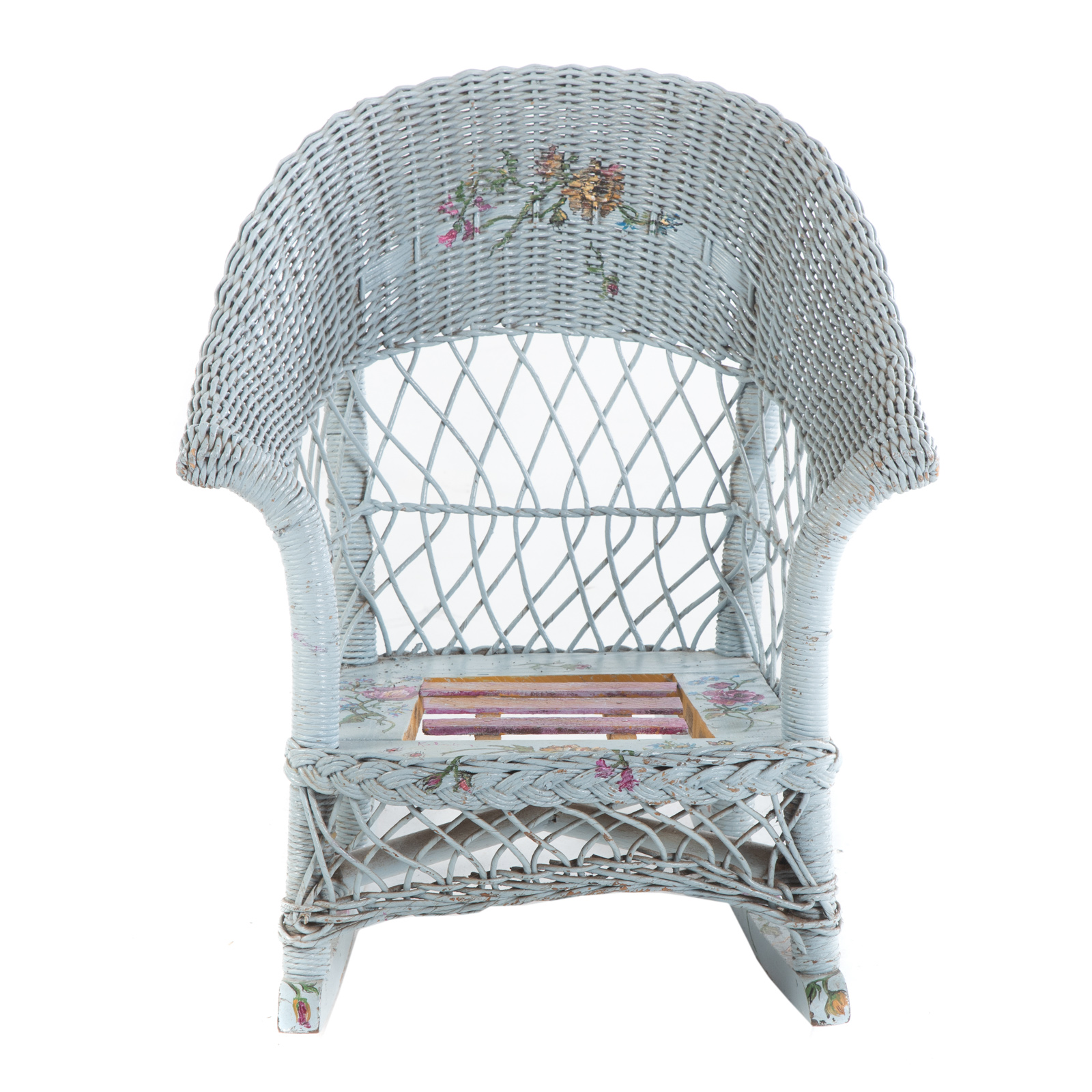 Appraisal: PAINTED DECORATED WICKER CHILDS ROCKER Late th century light blue