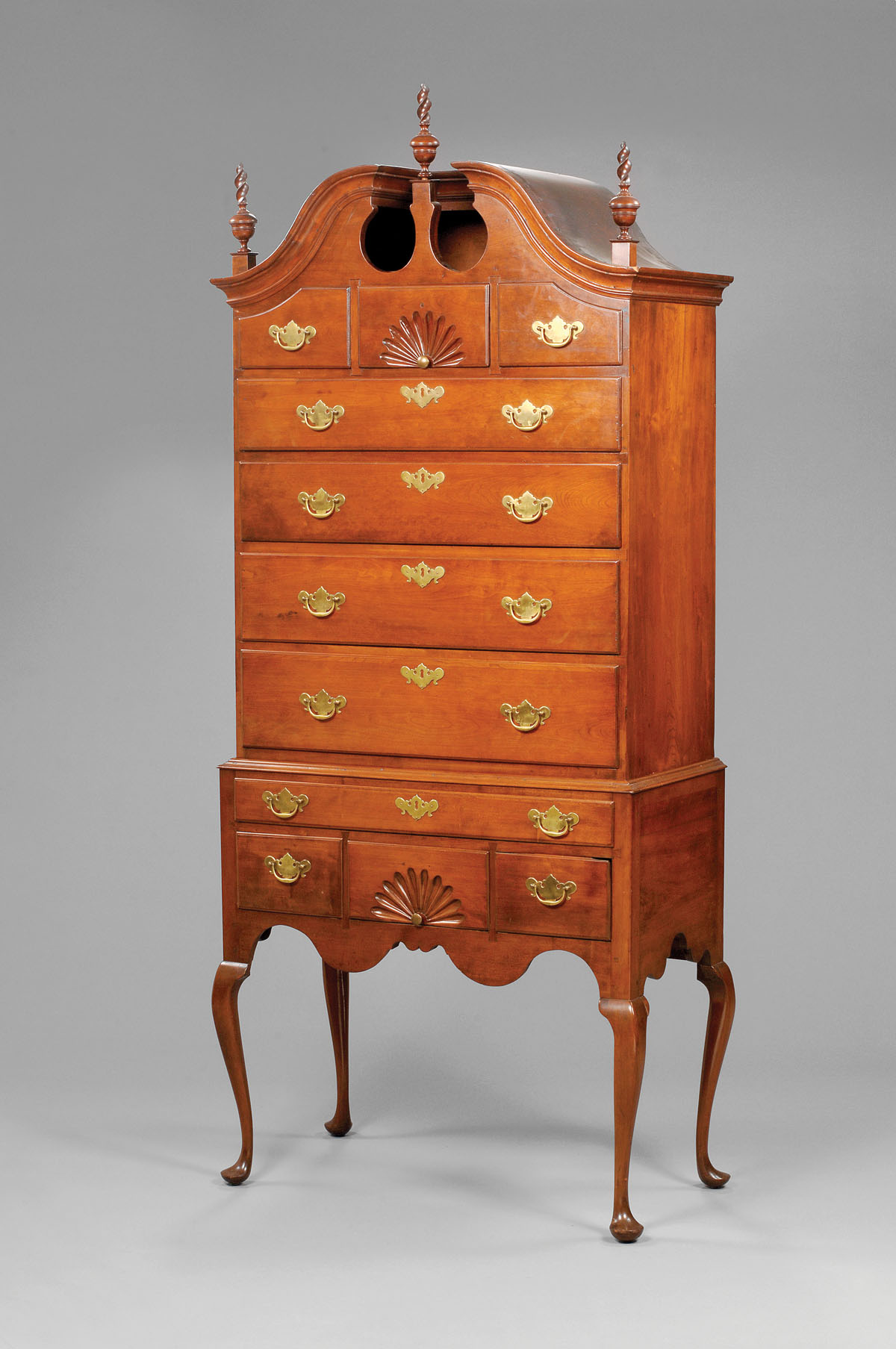 Appraisal: NEW ENGLAND QUEEN ANNE CHERRY BONNET TOP HIGHBOY The upper