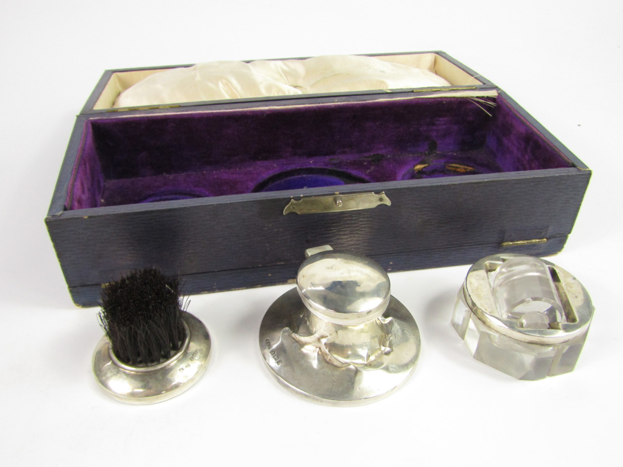 Appraisal: A George V silver desk set comprising inkwell stamp roller