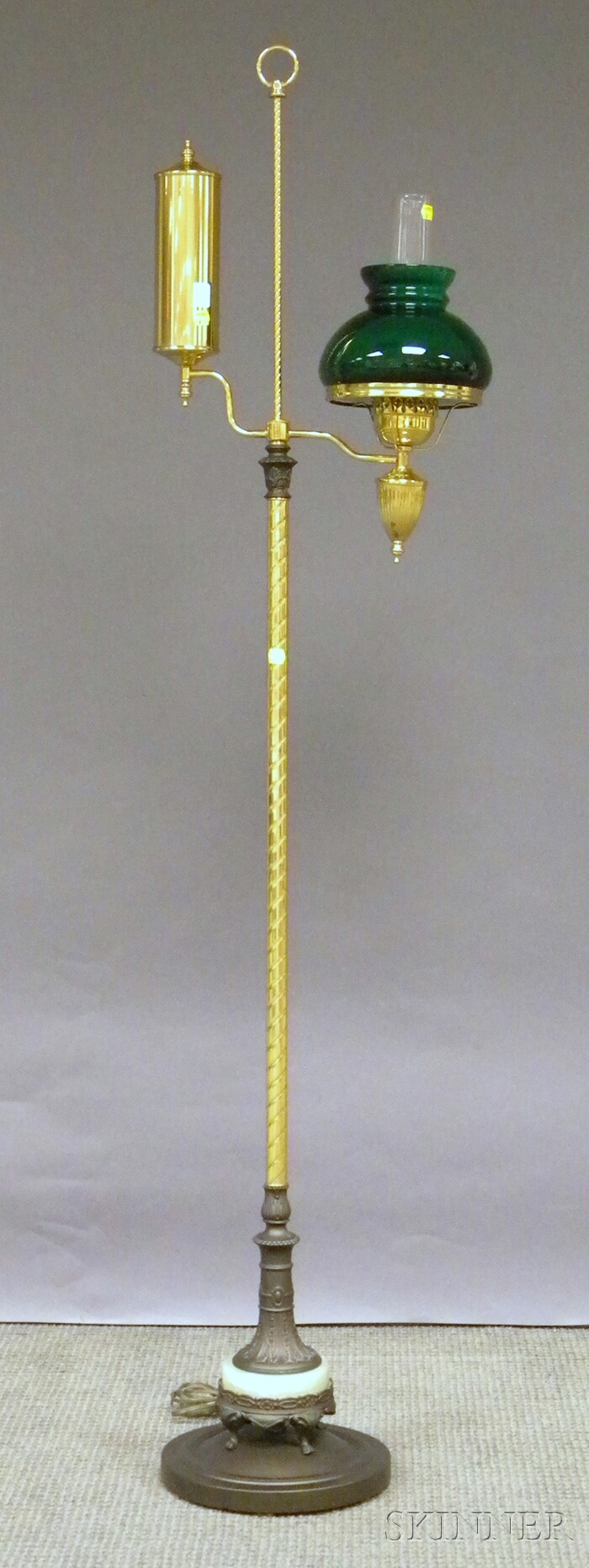 Appraisal: Brass Student-style Adjustable Floor Lamp with Cased Green Glass Shade